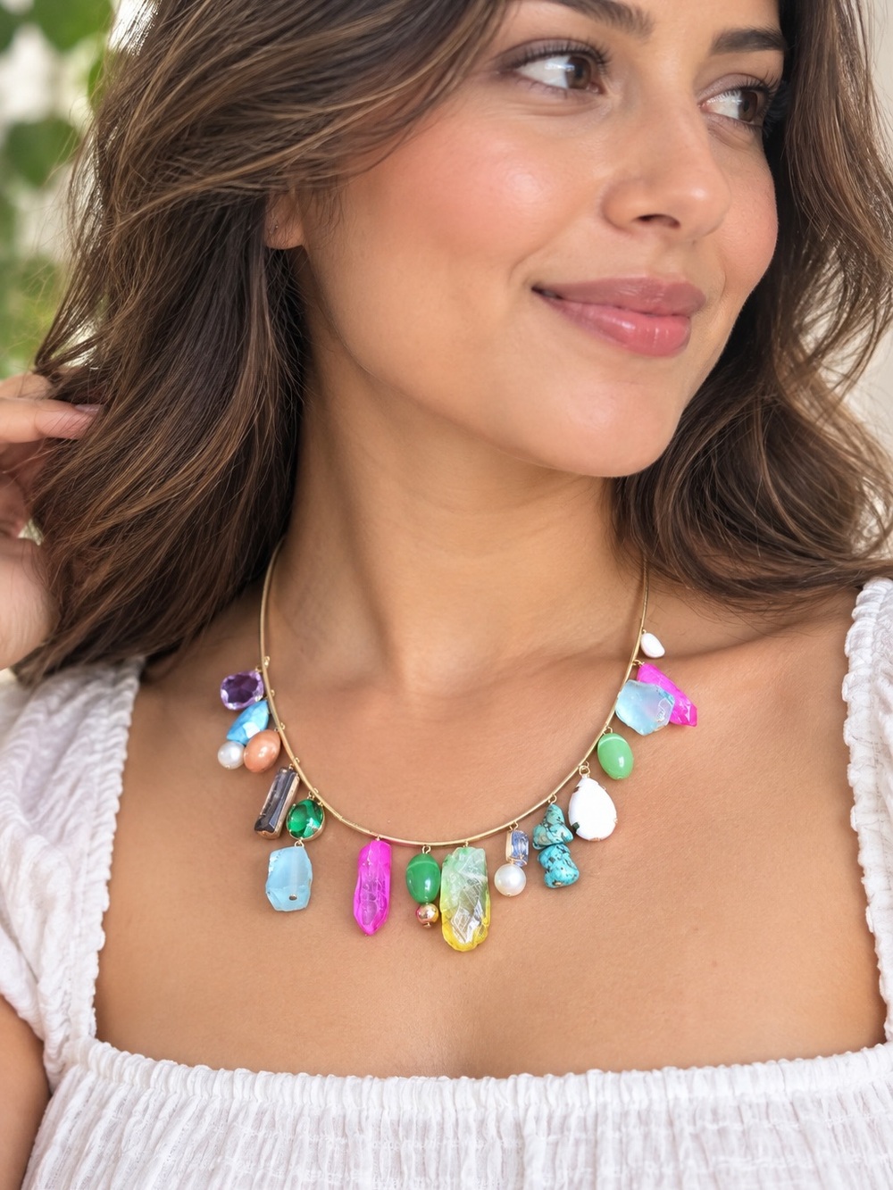 Anthropologie Multicolor Gemstone & Crystal Charm Collar Necklace – MSRP $125